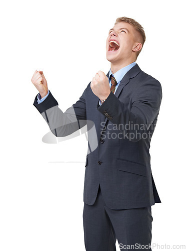 Image of Scream, frustrated and anger with business man in studio for news, danger and mistake. Failure, stress and problem with corporate male employee shouting on white background for fear and attention