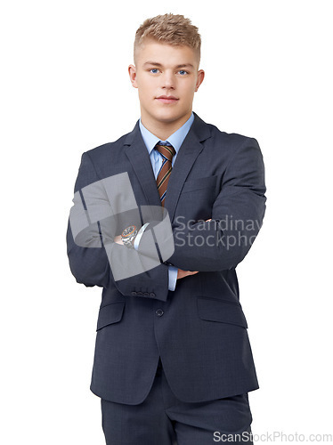 Image of Young, businessman and portrait with arms crossed or serious in studio for startup, career and confidence. Entrepreneur, person and pride or positive mindset for internship work on white background