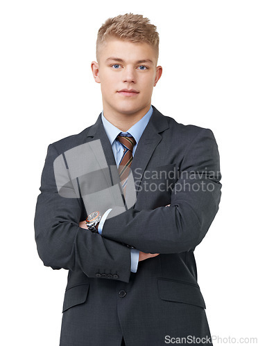 Image of Young, businessman and portrait with arms crossed or serious in studio for startup, career and confidence. Entrepreneur, person and pride or positive mindset for internship work on white background