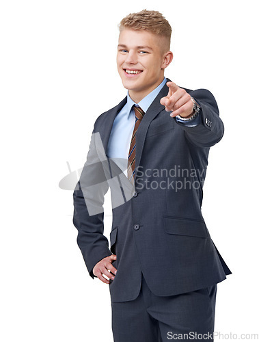 Image of Portrait, business or happy man pointing to you in studio for choice, recruitment decision or corporate offer on white background. Vote, hiring emoji and HR promotion, winner or invitation to join us