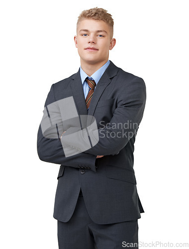 Image of Young, businessman and portrait with arms crossed or smile in studio for startup, career and confidence. Entrepreneur, person or happy and pride or positive mindset for internship on white background