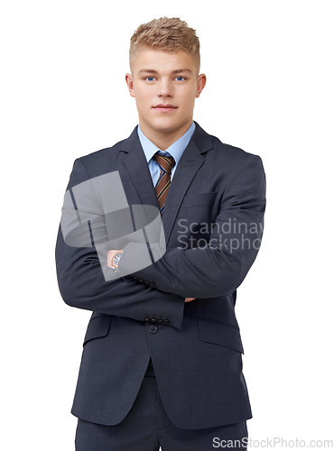 Image of Young, businessman and portrait with arms crossed or serious in studio for startup, career and confidence. Entrepreneur, person and pride or positive mindset for internship work on white background