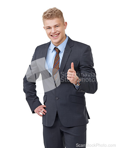 Image of Thumbs up, portrait and business man in studio for success, winning deal and voting yes on white background. Happy corporate salesman, emoji sign and thank you for feedback, achievement or excellence