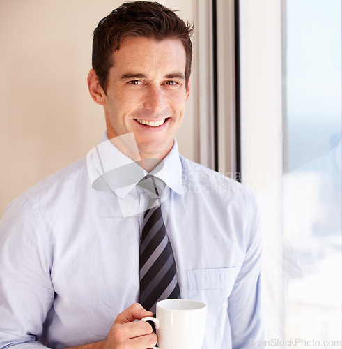 Image of Coffee cup, portrait and happy business man, lawyer or corporate attorney drink, warm coco liquid or morning beverage. Espresso, relax and advocate with latte, cappuccino or matcha green tea mug