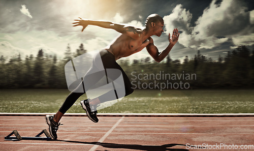 Image of Man, runner and starting line for sprint, cardio and ready for marathon, track and race or competition. Black male person, training and exercising or speed, practice and athlete or fitness for body