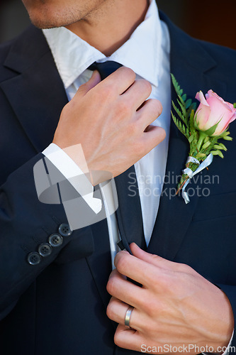 Image of Man, groom and closeup of fashion, formal and elegant suit or stylish for wedding, commitment or care. Male person, zoom and ready for ceremony, marriage and commitment in relationship or event