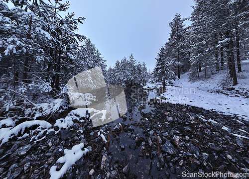 Image of Amazing Cinematic Aerial View On Freezing River. Aerial View Flight Above Frozen Creek Scenic View Of Nature