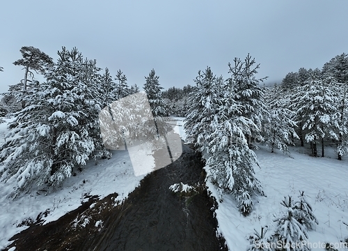 Image of Amazing Cinematic Aerial View On Freezing River. Aerial View Flight Above Frozen Creek Scenic View Of Nature