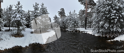 Image of Amazing Cinematic Aerial View On Freezing River. Aerial View Flight Above Frozen Creek Scenic View Of Nature