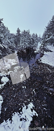 Image of Amazing Cinematic Aerial View On Freezing River. Aerial View Flight Above Frozen Creek Scenic View Of Nature