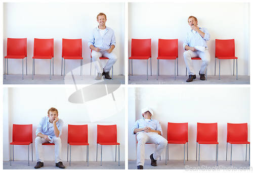 Image of Boring, interview and man in waiting room for a job and collage with candidate excited, tired and sleeping. Hiring, process and person with fatigue, composite and frustrated by recruitment delay