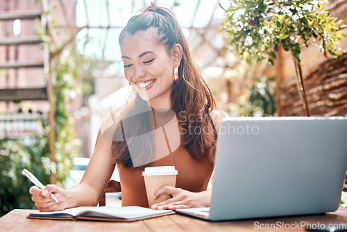 Image of Happy woman, coffee and notebook for planning in cafe with laptop for email, message or web. Creative, female blogger and smile for future, idea or vision for project, article or social media post