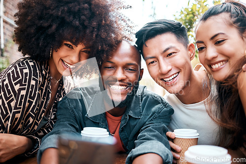 Image of Friends, diversity and coffee selfie happy for social media post, online connection or cafe visit together. Men, women or student for summer meet up or technology for double date, hot drink at outing