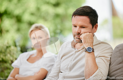 Image of Couple, ignoring and upset on fight, stress and divorce for marriage problems. People, argument and frustrated for silent treatment, couch and anxious or angry, conflict and toxic relationship