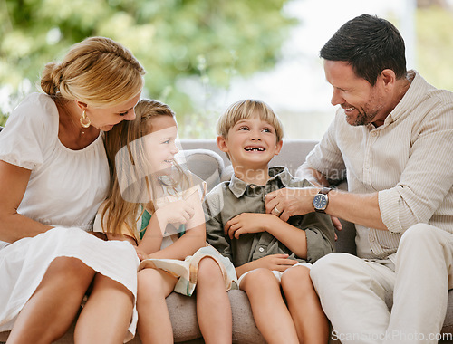 Image of Family, tickle and play on sofa, laughing and bonding at home, fun and silly humor or comedy. Parents and children, connection and security in relationship, happy and care on couch, love and goofy