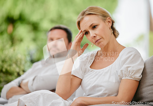 Image of Couple, ignoring and upset on fight, argument and divorce for marriage problems. People, stress and frustrated for silent treatment, couch and anxious or breakup, conflict and toxic relationship