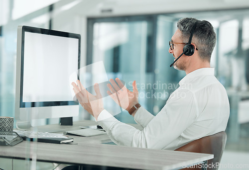 Image of Call center, man and computer screen with space for consulting, video calling or customer service in office. Mature telemarketing salesman, CRM agent or mockup on desktop for virtual telecom advisory