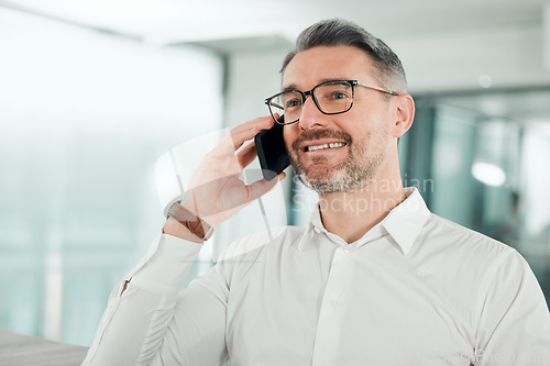 Image of Mature, businessman and phone call in office for online connection, company growth or conversation. Male person, manager or digital device in corporate workplace for communication, smile in career