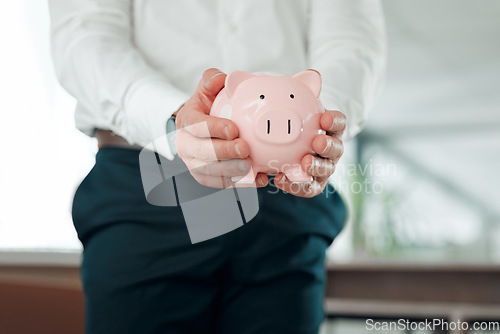 Image of Hands, businessman and piggy bank for money, saving and finance or budget for wealth increase. Male person and money box for future, investment and cash growth in container, coin and security at job