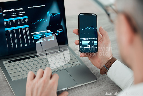 Image of Laptop, smartphone and screen for stock market, businessman and finance or shares, broker and tech. Investment, trading and internet for update, check and mobile app for cryptocurrency growth