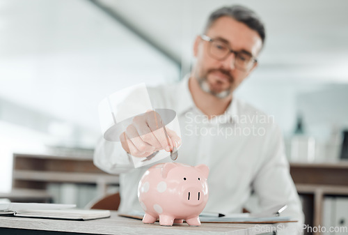Image of Business man, coin and piggy bank for deposit and saving for finance, investment and security. Change, money box and cash growth, container and profit for retirement, banking and safety in future