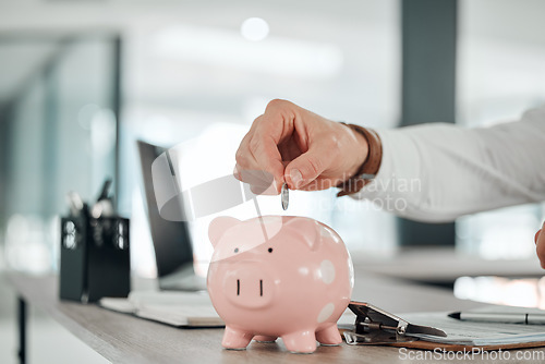 Image of Hand, businessman and coin in piggy bank, deposit and saving for finance, investment and security. Change, money box and cash growth, container and profit for retirement, banking and safety in future