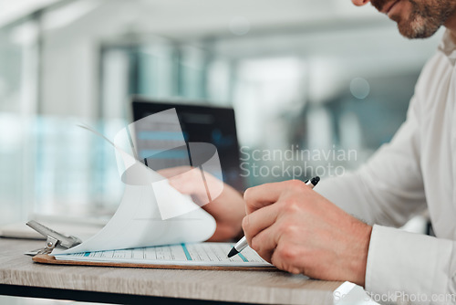 Image of Budget, planning and hands of businessman with finance, audit and accounting in office with laptop or pen. Accountant, check or balance investment paper, document or tax report on desk in clipboard