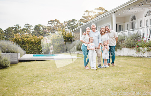 Image of Portrait, real estate and a family in the garden of their new home together for a visit during summer. Children, parents and happy grandparents in the backyard for property investment with space