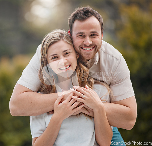 Image of Happy couple, hug and man with embrace with portrait in backyard, garden or outside for bonding. People, woman and husband with excitement for memory, nostalgia and together for care of relationship