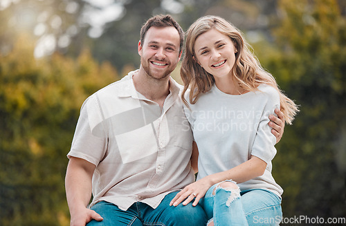 Image of Happy couple, smile and hug with portrait in garden, backyard or outdoors with embrace for love. Man, woman and excitement on face for bond, care and support for romance, marriage or relationship
