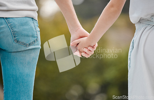 Image of Family, holding hands and love with support, care and bonding outdoor with kindness and hope. Backyard, mother and solidarity of a child together with compassion and gratitude from unity on a trip