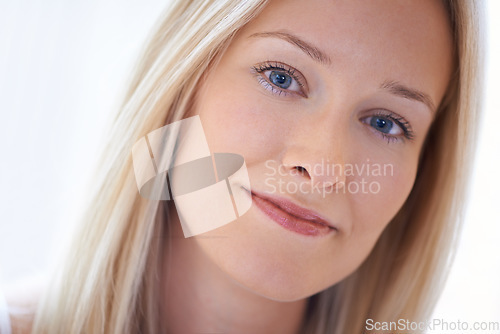 Image of Calm, morning and portrait of woman closeup in home, apartment or beauty in white background. Positive, mindset and face of person in house to relax in living room with smile, happiness and skincare