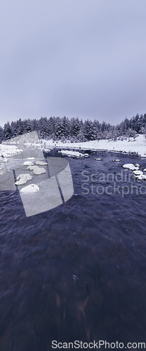 Image of Amazing Cinematic Aerial View On Freezing River. Aerial View Flight Above Frozen Creek Scenic View Of Nature