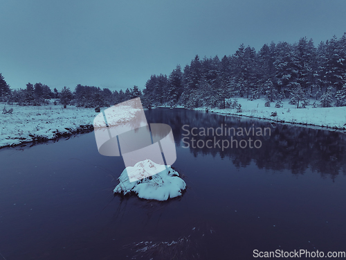 Image of Amazing Cinematic Aerial View On Freezing River. Aerial View Flight Above Frozen Creek Scenic View Of Nature