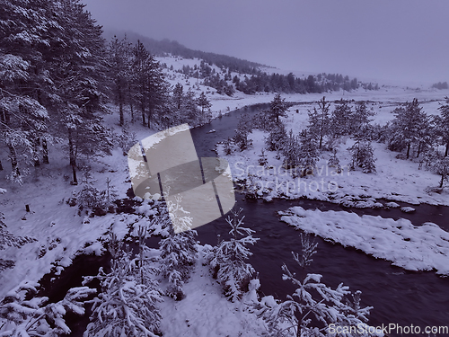 Image of Amazing Cinematic Aerial View On Freezing River. Aerial View Flight Above Frozen Creek Scenic View Of Nature