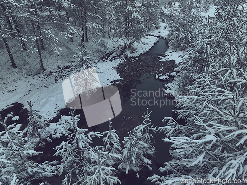 Image of Amazing Cinematic Aerial View On Freezing River. Aerial View Flight Above Frozen Creek Scenic View Of Nature