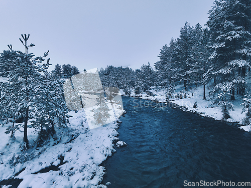 Image of Amazing Cinematic Aerial View On Freezing River. Aerial View Flight Above Frozen Creek Scenic View Of Nature