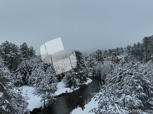 Image of Amazing Cinematic Aerial View On Freezing River. Aerial View Flight Above Frozen Creek Scenic View Of Nature