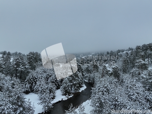 Image of Amazing Cinematic Aerial View On Freezing River. Aerial View Flight Above Frozen Creek Scenic View Of Nature