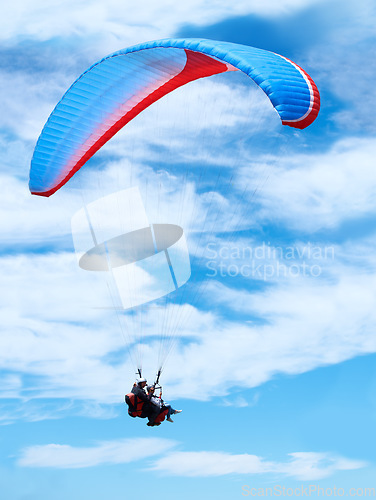 Image of Man, parachute or paragliding in blue sky for adventure, flight freedom or courage with extreme sport. Pilot, nature and fearless in outdoor fitness for health, sports and wellness with glide in air