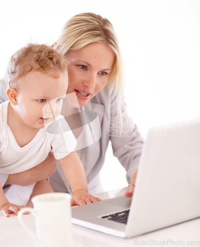 Image of Businesswoman, baby and laptop for remote work in home for learning, playing or streaming on web. Mother, little boy and care for teaching, technology and skill for growth, development and milestone