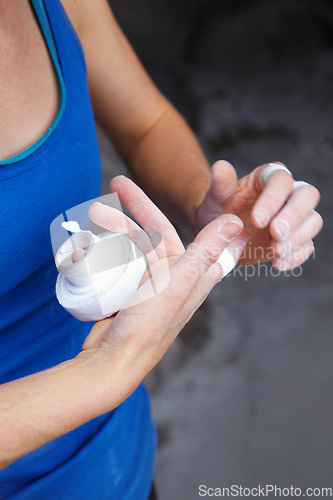 Image of Person, fingers and tape for rock climbing outdoor injury, grip strength or bandage support. Athlete, hands or band aid for danger challenge or stone mountain safety as adventure, brave risk on cliff