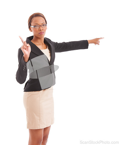 Image of Business, pointing and black woman with reject, serious and employee isolated on white studio background. African person, portrait or agent with hand gesture, angry or choice with warning, deny or no