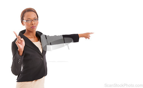 Image of Business, pointing and black woman with warning, serious and employee isolated on white studio background. African person, portrait or agent with hand gesture, angry or reject with deny emoji or no
