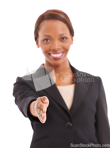 Image of Business woman, portrait and offer handshake for job interview, meeting or hiring agreement in recruitment. Professional African employer shaking hands or introduction in studio on a white background