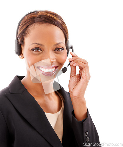 Image of Business woman, call center and portrait in communication, customer service or support on a white background. Happy face of african advisor, consultant or agent in headphones for contact us in studio