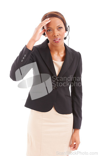 Image of Business woman, call center and stress or headache for communication mistake or e commerce error in studio. African advisor, consultant or agent thinking of sales fail or worry on a white background