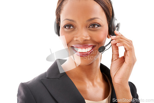 Image of Business woman, call center and thinking of communication, customer service or support on a white background. Happy african advisor, consultant or agent in headphones or contact us solution in studio