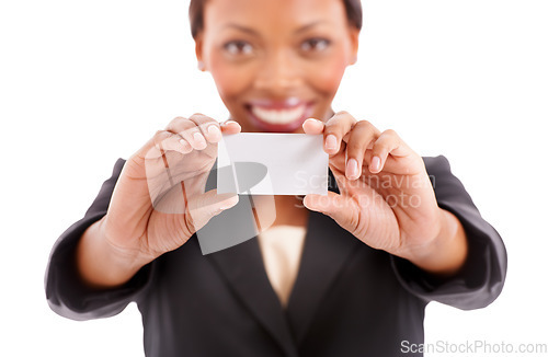 Image of Business card, face and woman in mockup or space for agent contact information or marketing in studio. Portrait of consultant or employee presentation for advice or help on a white background