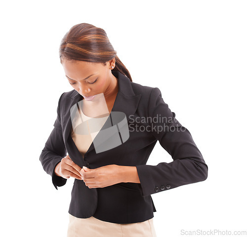 Image of Business, black woman and blazer with fashion, professional style and consultant isolated on white studio background. African person, model and consultant with formal wear, agent or girl with clothes